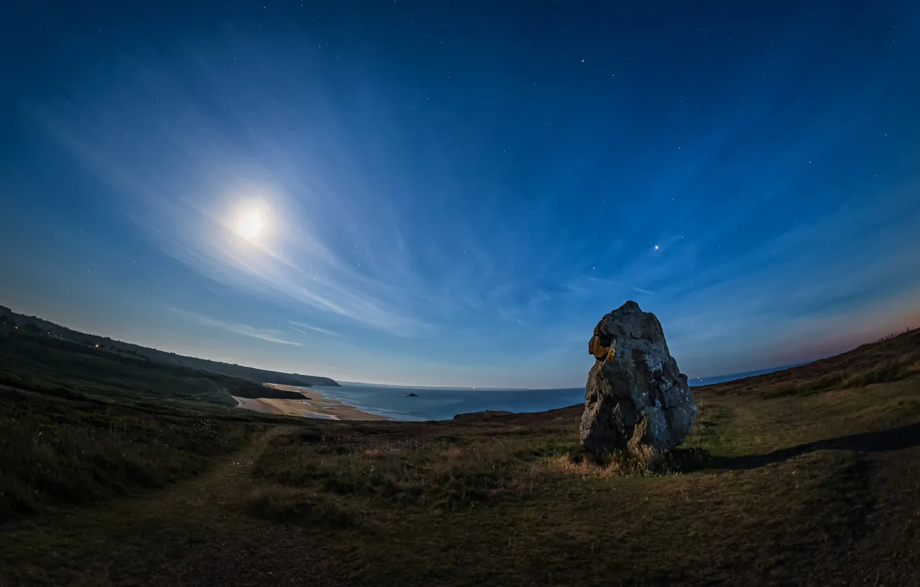 Photo wallpaper sea, the sky, stars, clouds, light, night, blue, stones