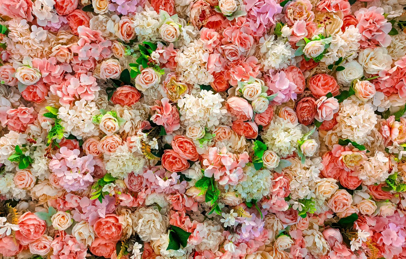 Photo wallpaper flowers, roses, bouquet, pink, white, placer, orange, flower carpet