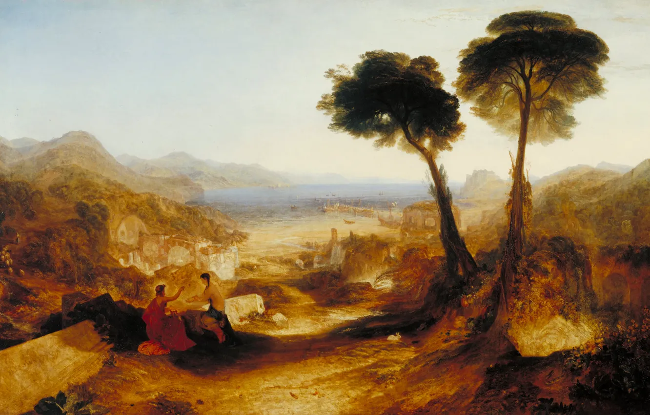 Photo wallpaper sea, trees, landscape, mountains, people, picture, Bay, myth