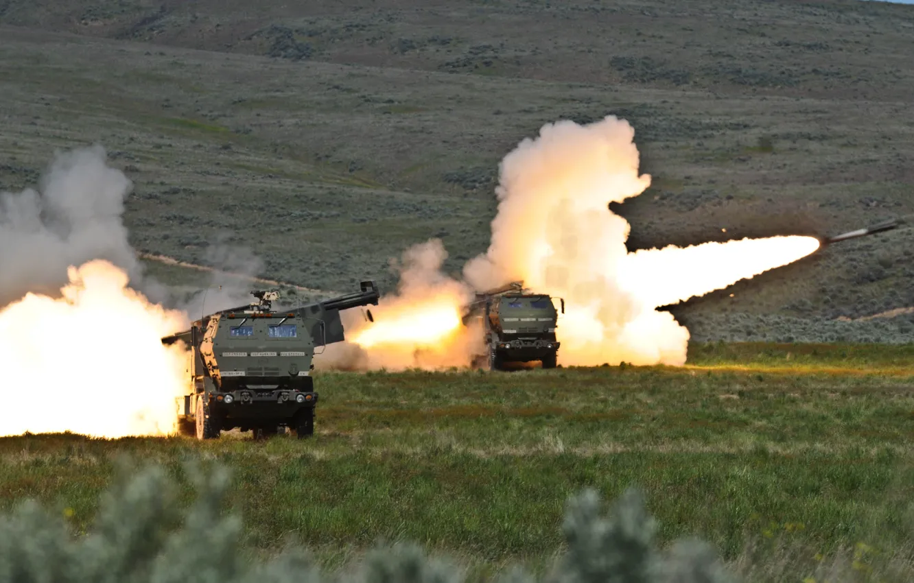 Photo wallpaper smoke, USA, two, start, Washington, The jet system of volley fire, HIMARS, Mobile artillery system