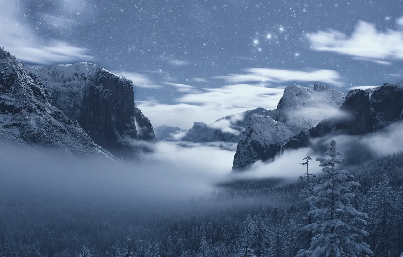 Photo wallpaper winter, forest, mountains, CA, California, Yosemite Valley, Yosemite National Park, Sierra Nevada