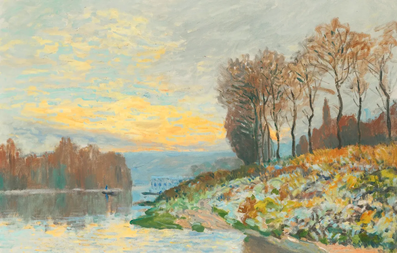 Photo wallpaper autumn, landscape, picture, Alfred Sisley, Alfred Sisley, The Seine at Bougival. Frosty Morning