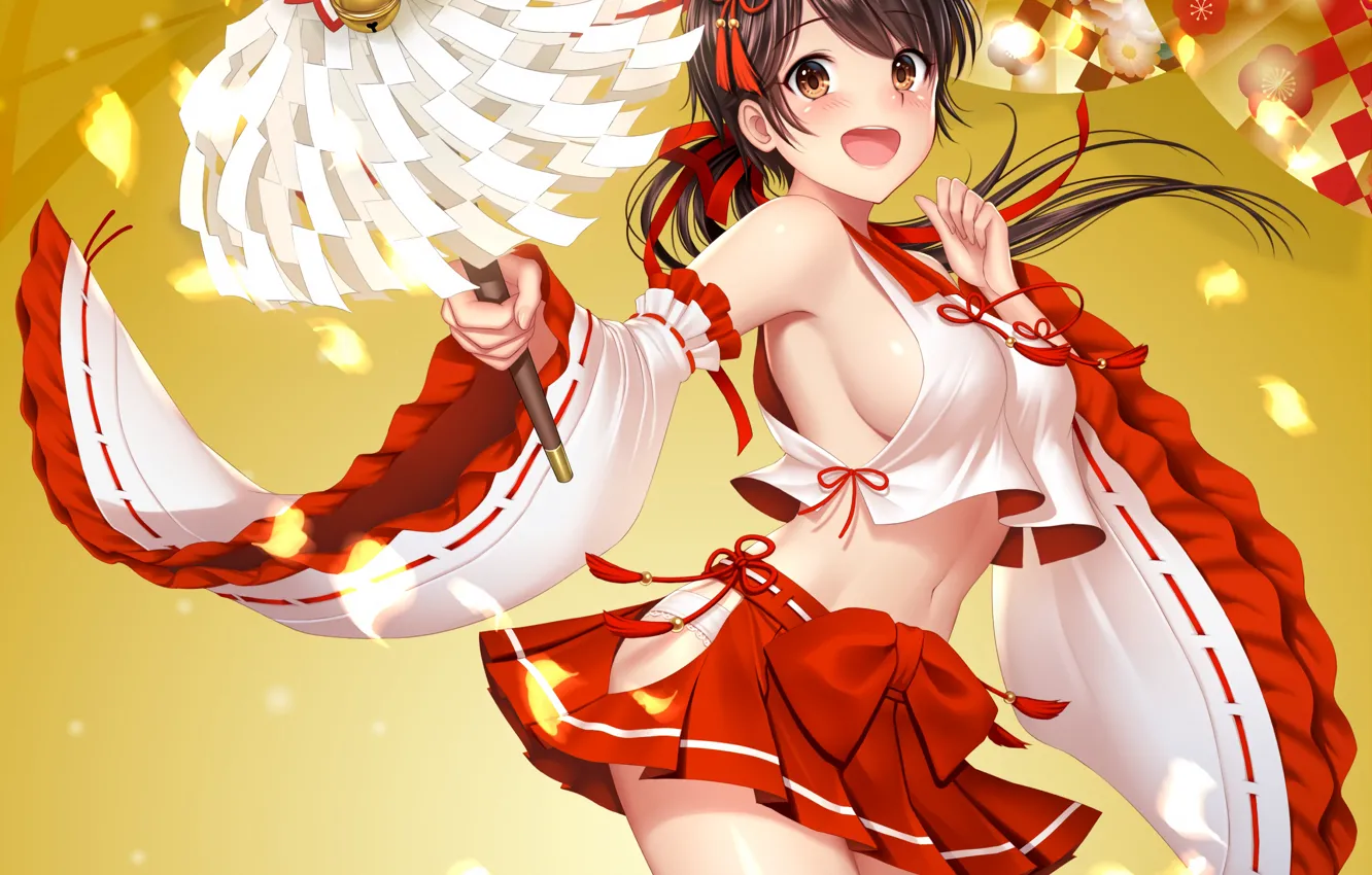 Photo wallpaper girl, sexy, cleavage, thighhighs, long hair, brown hair, boobs, anime