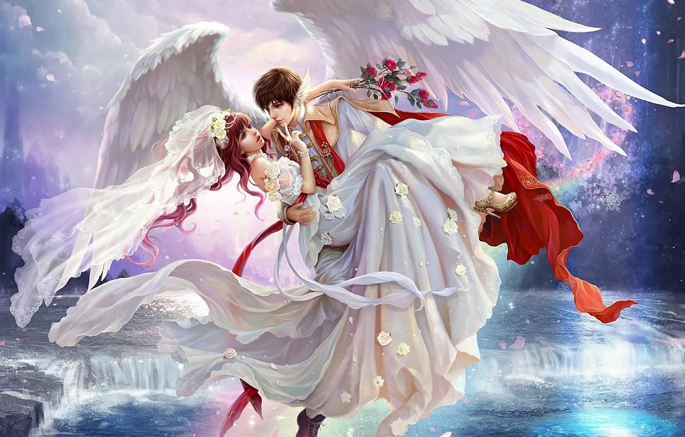 Photo wallpaper girl, flowers, waterfall, roses, wings, art, guy, the bride