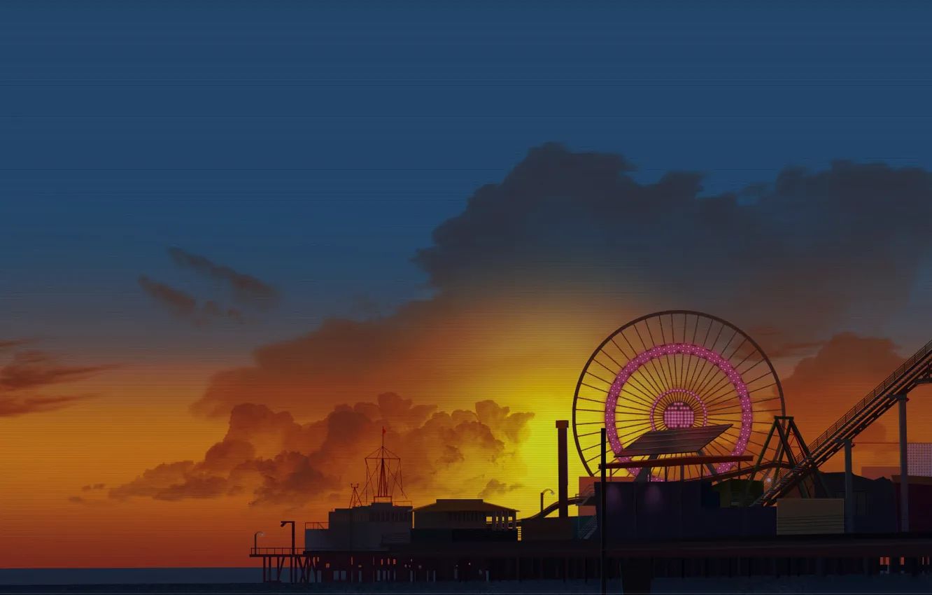 Photo wallpaper sunset, style, Marina, art, attraction, beach, 80s, style