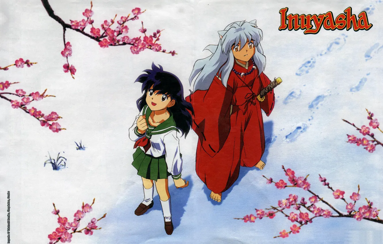 Photo wallpaper snow, branches, traces, schoolgirl, art, looking up, barefoot, sailor