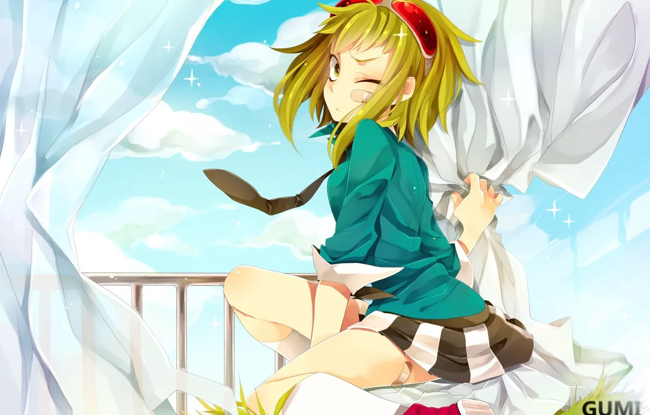 Photo wallpaper the sky, girl, clouds, art, glasses, curtains, vocaloid, Vocaloid