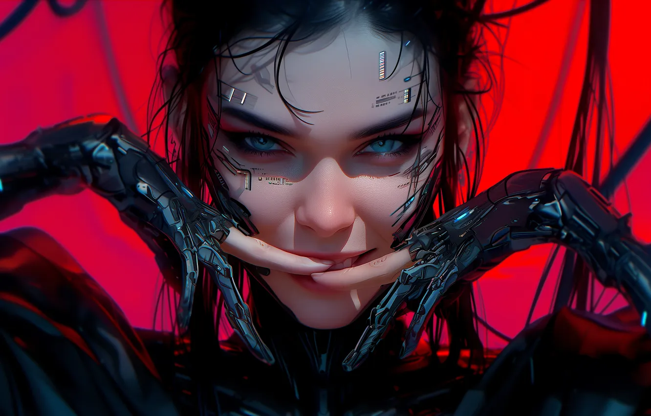 Photo wallpaper girl, fantasy, robot, science fiction, blue eyes, sci-fi, digital art, artwork