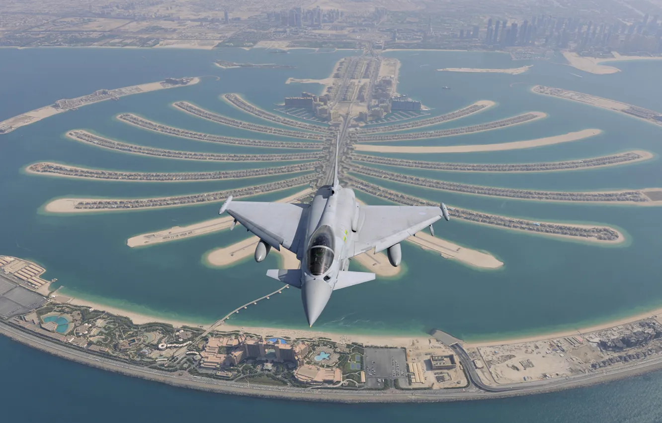 Photo wallpaper flight, the city, fighter, panorama, Dubai, generation, multipurpose, Eurofighter Typhoon