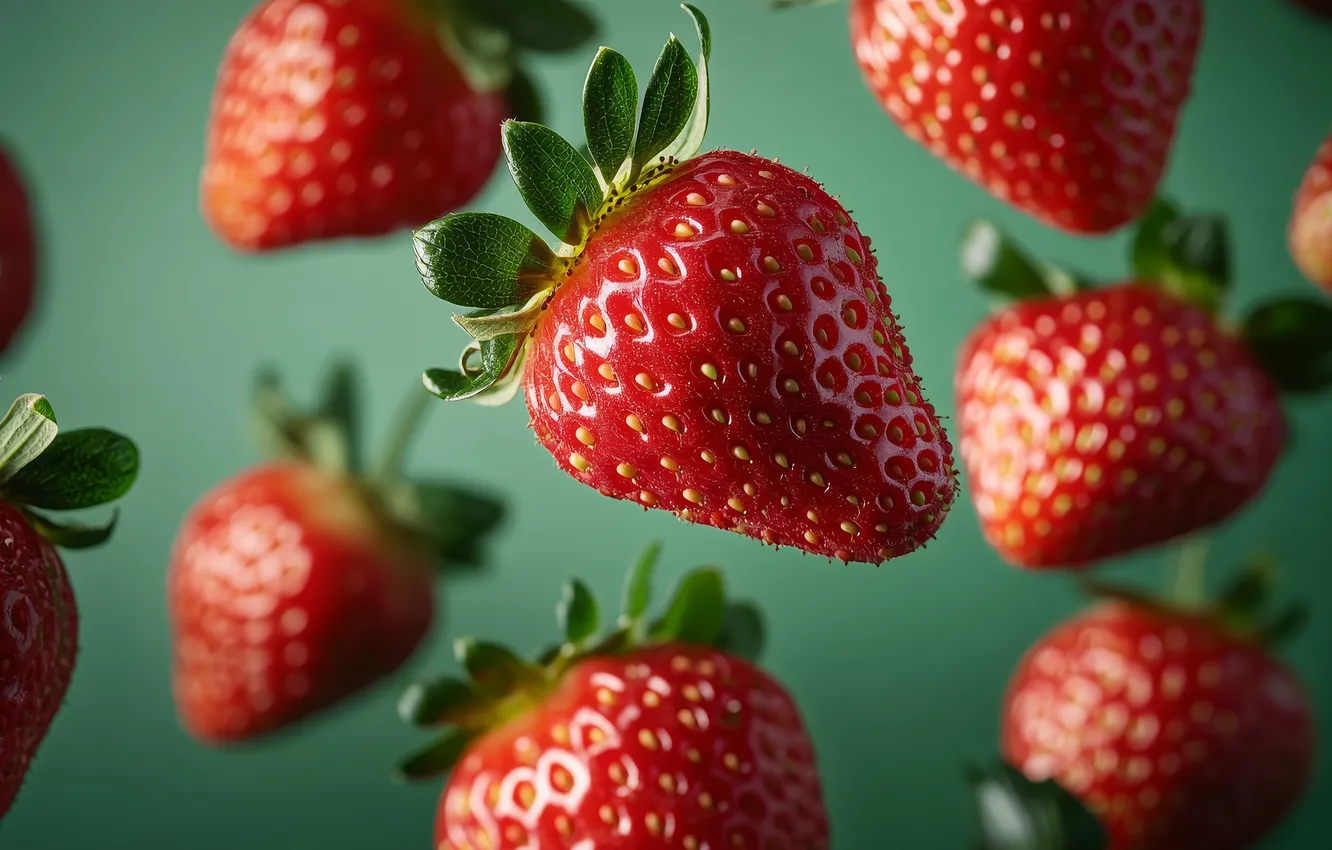 Photo wallpaper macro, light, flight, berries, strawberry, green background, levitation, AI art