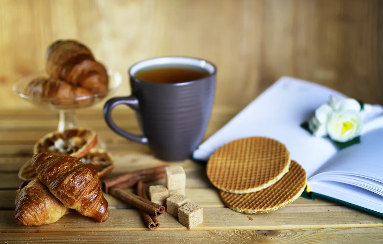 Photo wallpaper tea, cinnamon, waffles, book, sugar, blur, background, cakes