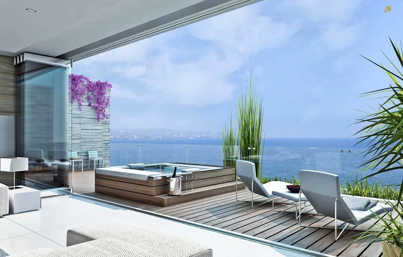 Photo wallpaper pool, terrace, living space