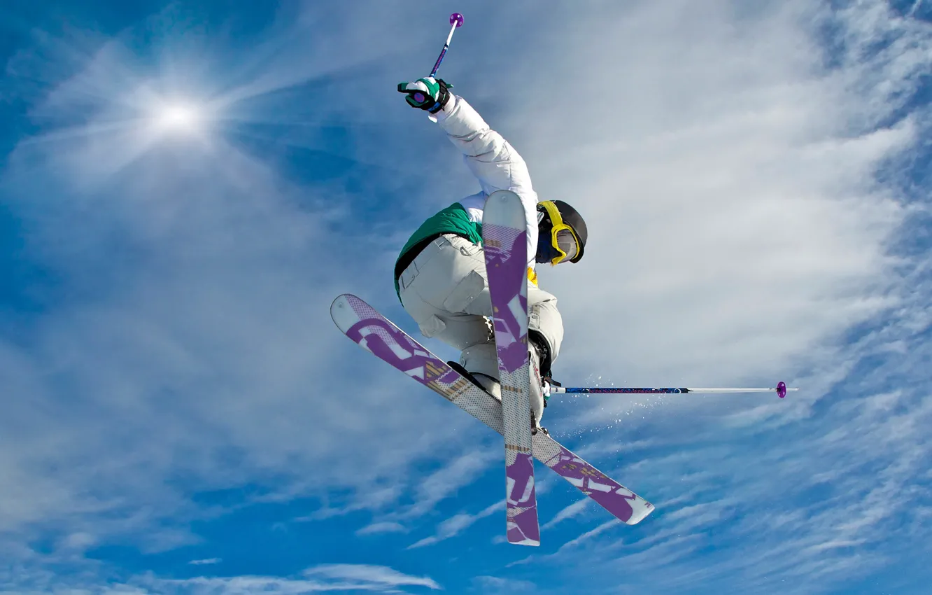 Photo wallpaper the sky, the sun, clouds, flight, jump, ski, glasses, costume