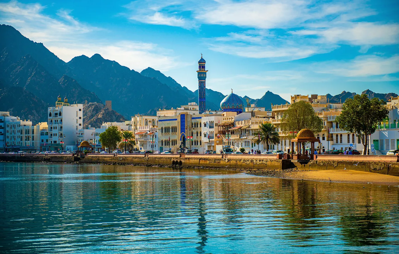 Photo wallpaper sea, the sky, mountains, building, home, Oman, Muscat Mosque