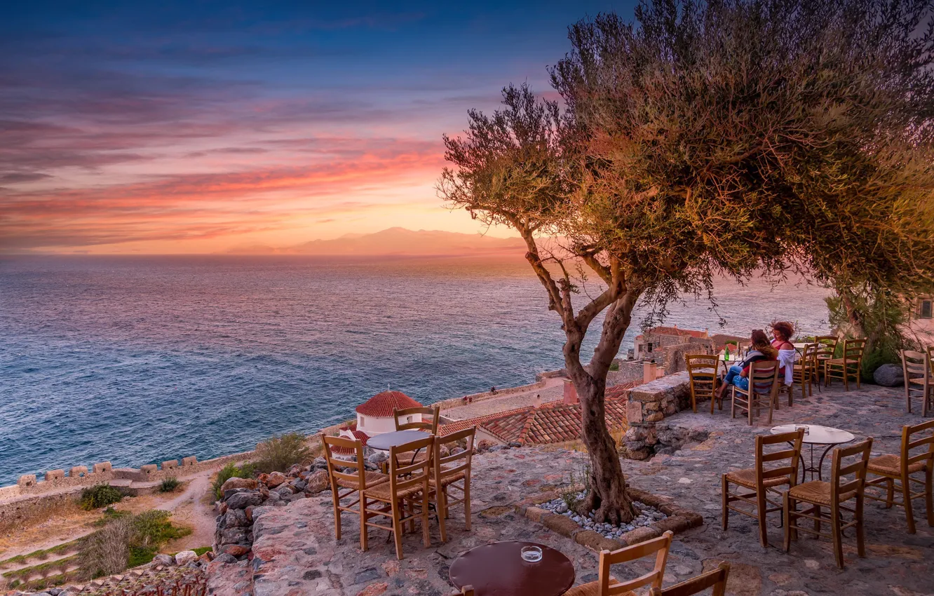 Photo wallpaper sea, sunset, shore, Greece, Monemvasia