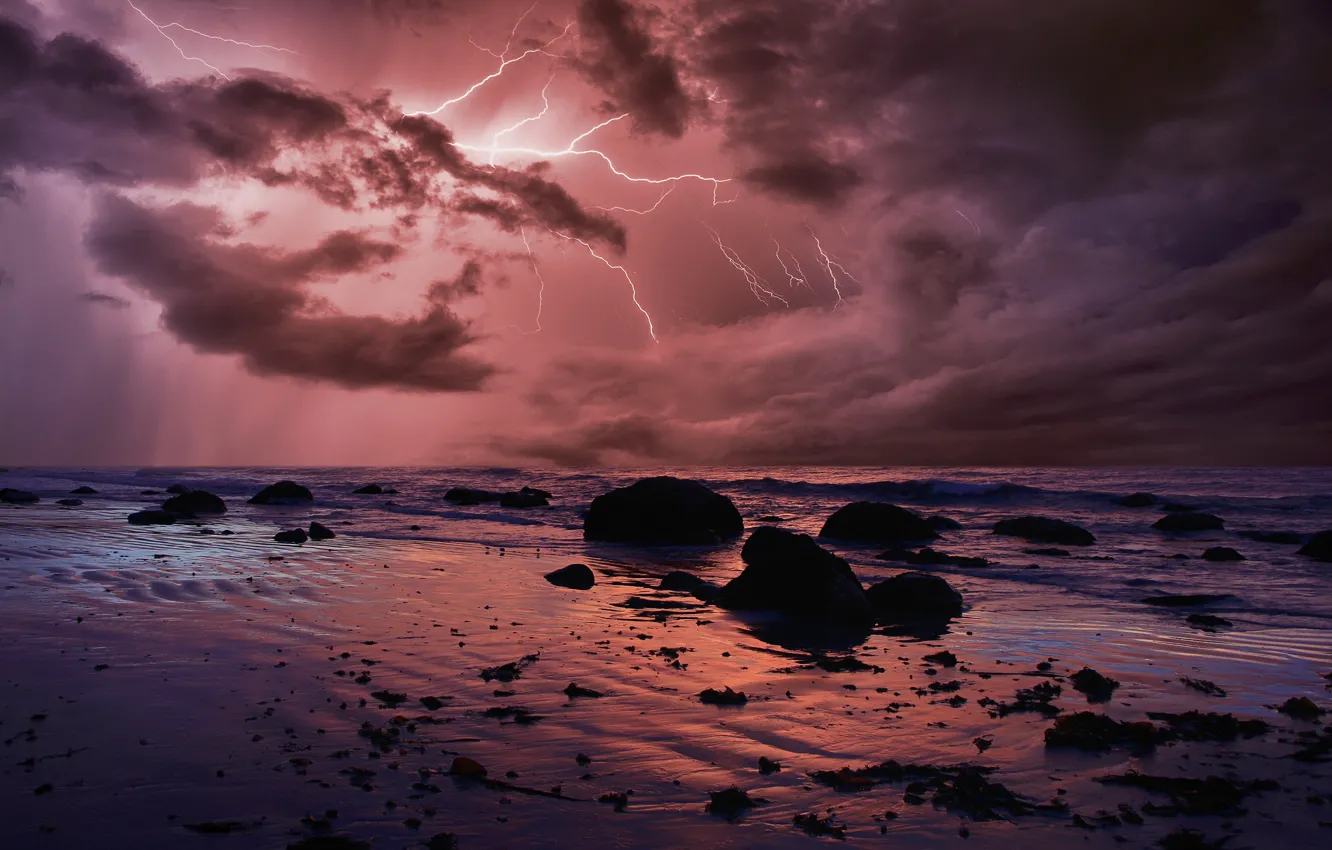 Photo wallpaper sea, the storm, wave, the sky, clouds, stones, shore, lightning