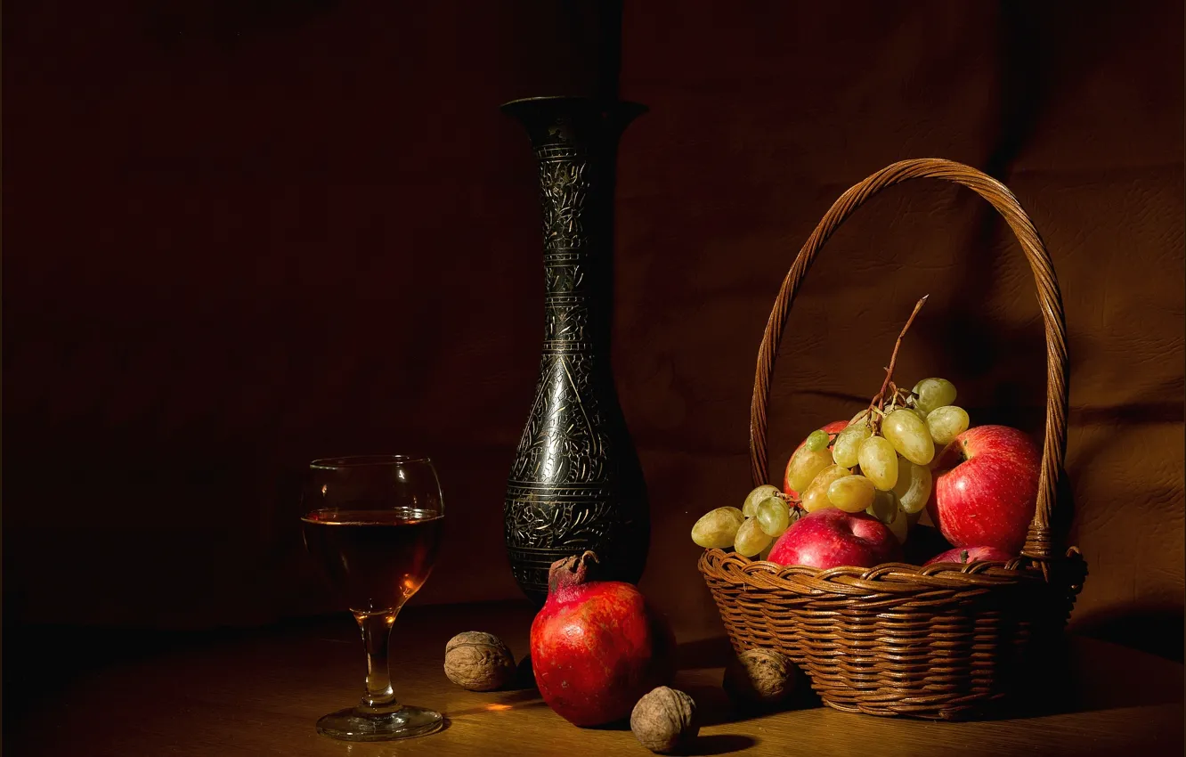 Photo wallpaper glass, Apple, grapes, pitcher, nuts, still life, garnet