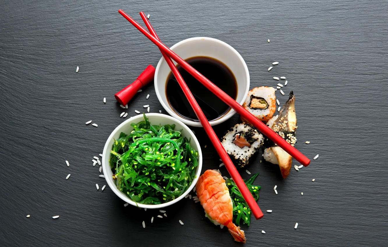 Photo wallpaper algae, sticks, rolls, soy sauce