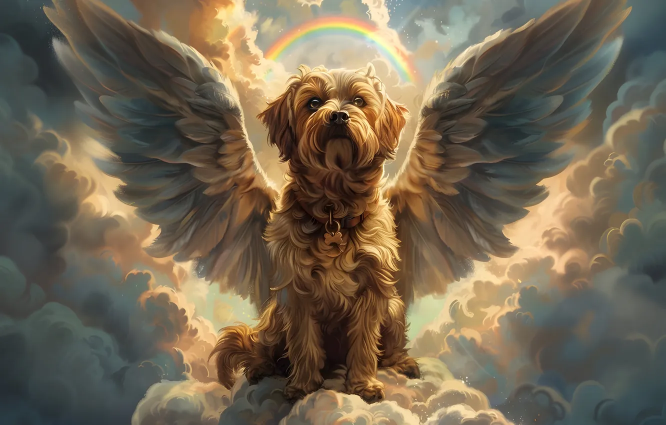 Photo wallpaper clouds, wings, dog, angel, digital art, AI art, The Art of Artificial Intelligence, neural network