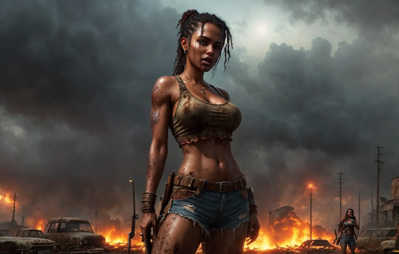 Photo wallpaper machine, lights, pose, weapons, fire, ruins, digital art, black woman