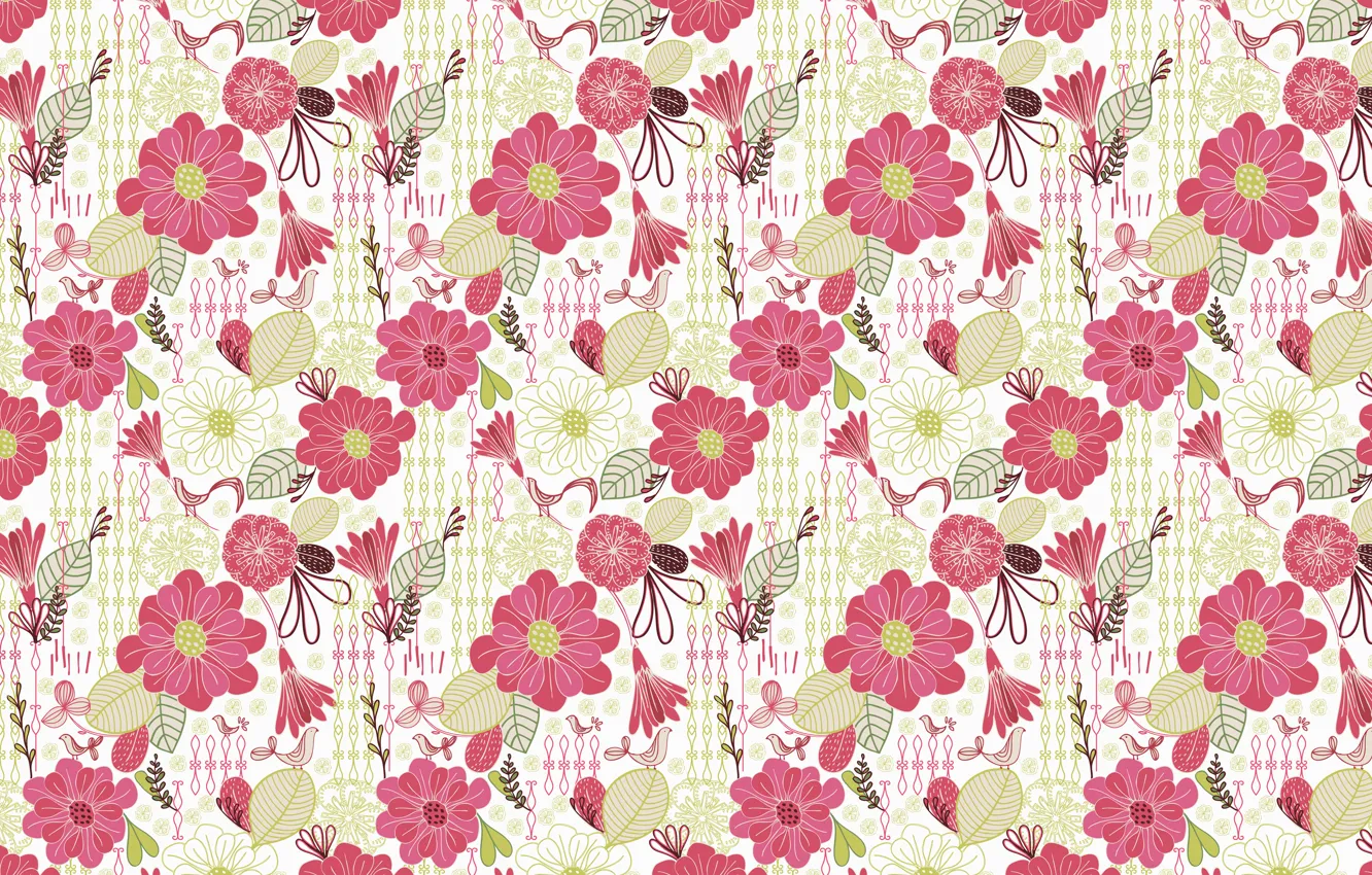 Photo wallpaper flowers, birds, pattern