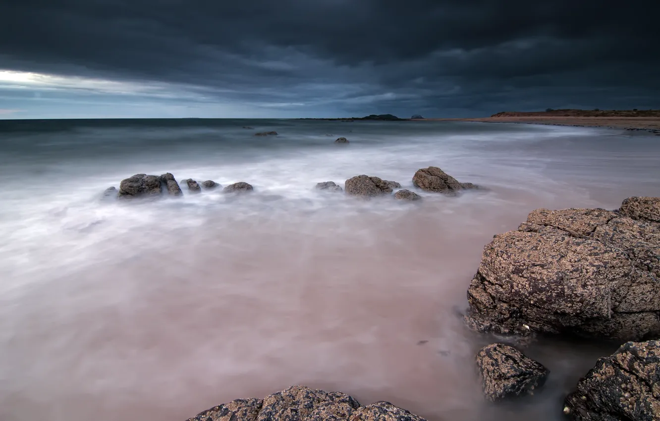 Photo wallpaper sea, the sky, clouds, stones, shore, the evening, Scotland, UK