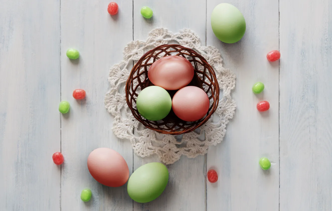 Photo wallpaper basket, eggs, spring, colorful, Easter, wood, spring, Easter