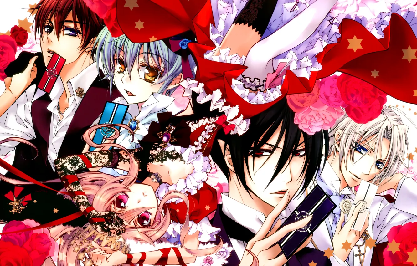 Photo wallpaper card, roses, guys, stars, red ribbon, bangs, ruffles, seiran asagi