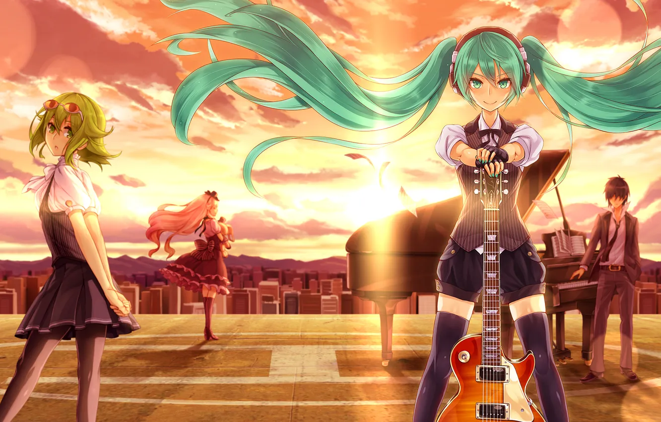 Photo wallpaper look, girl, sunset, smile, guitar, piano, vocaloid, hatsune miku