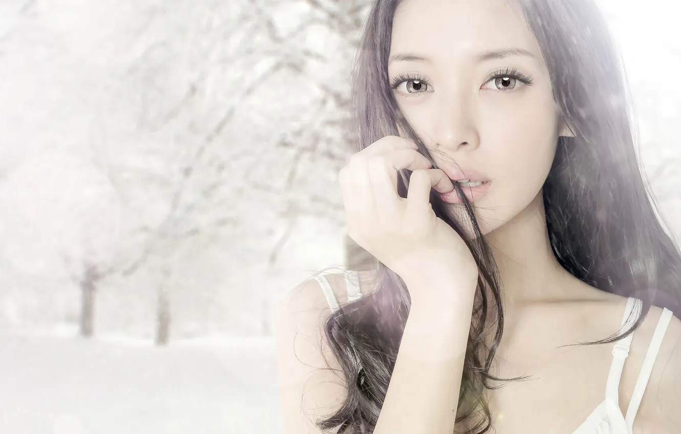 Photo wallpaper winter, girl, snow, hair