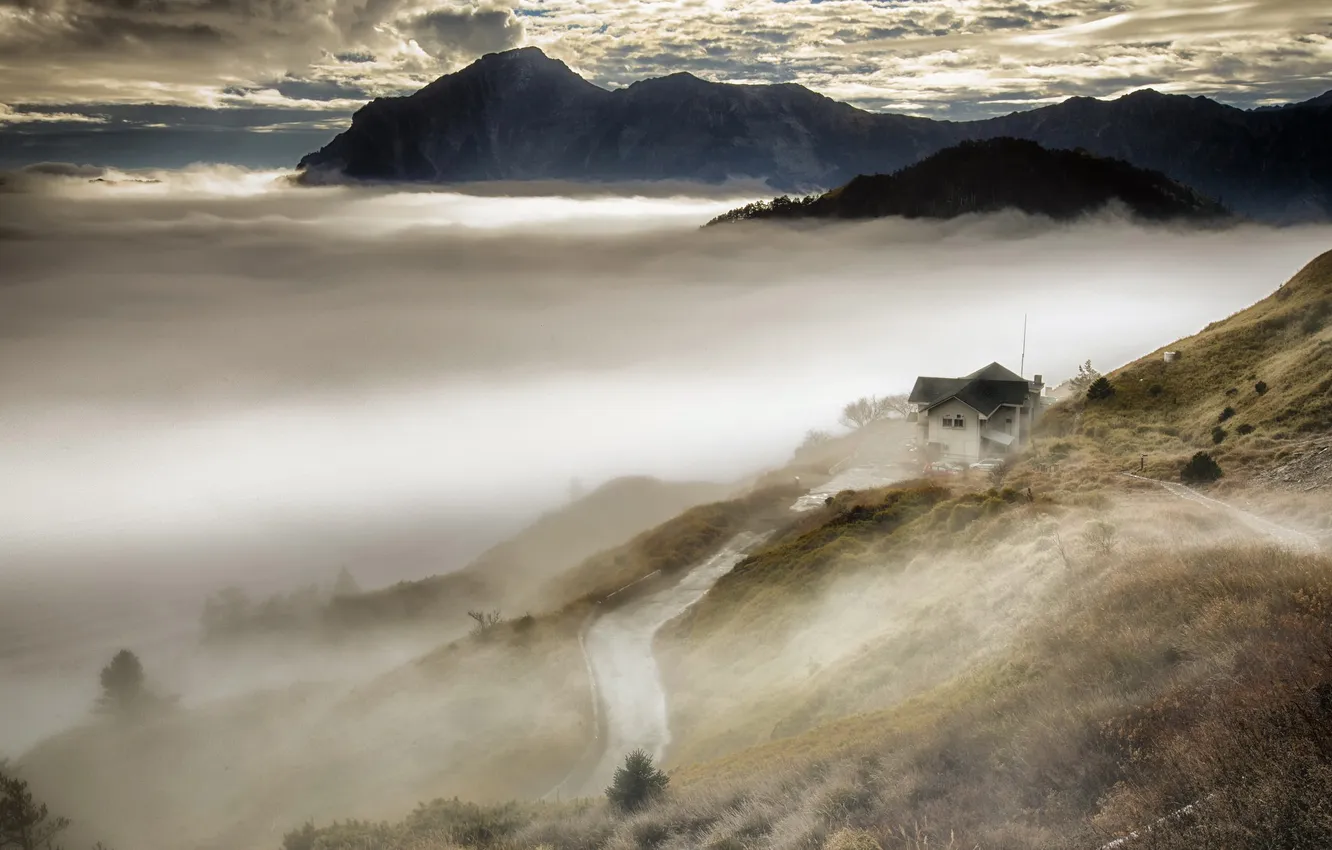 Photo wallpaper clouds, mountains, fog, home