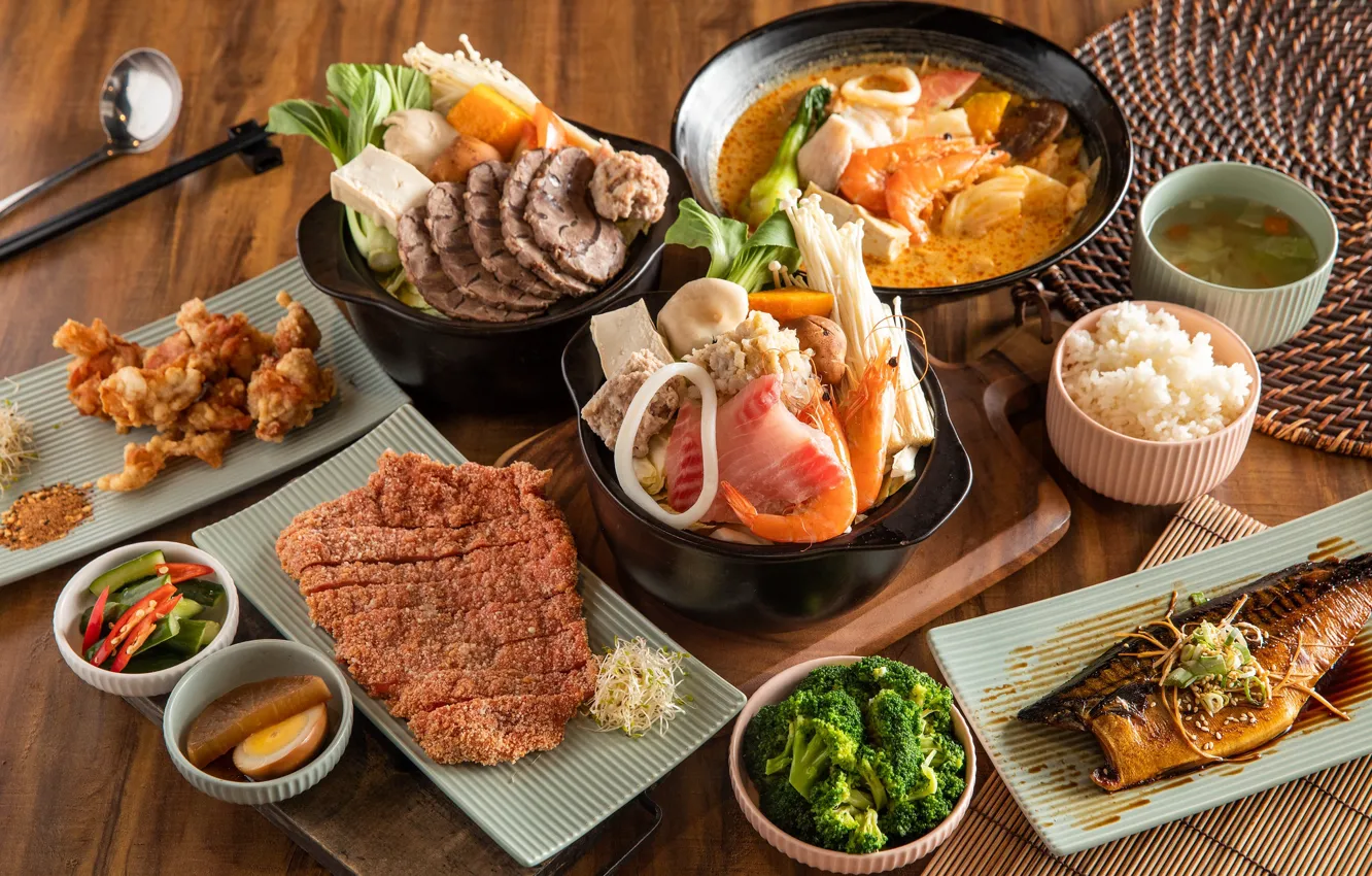 Photo wallpaper fish, soup, meat, figure, dish, broccoli, cuts