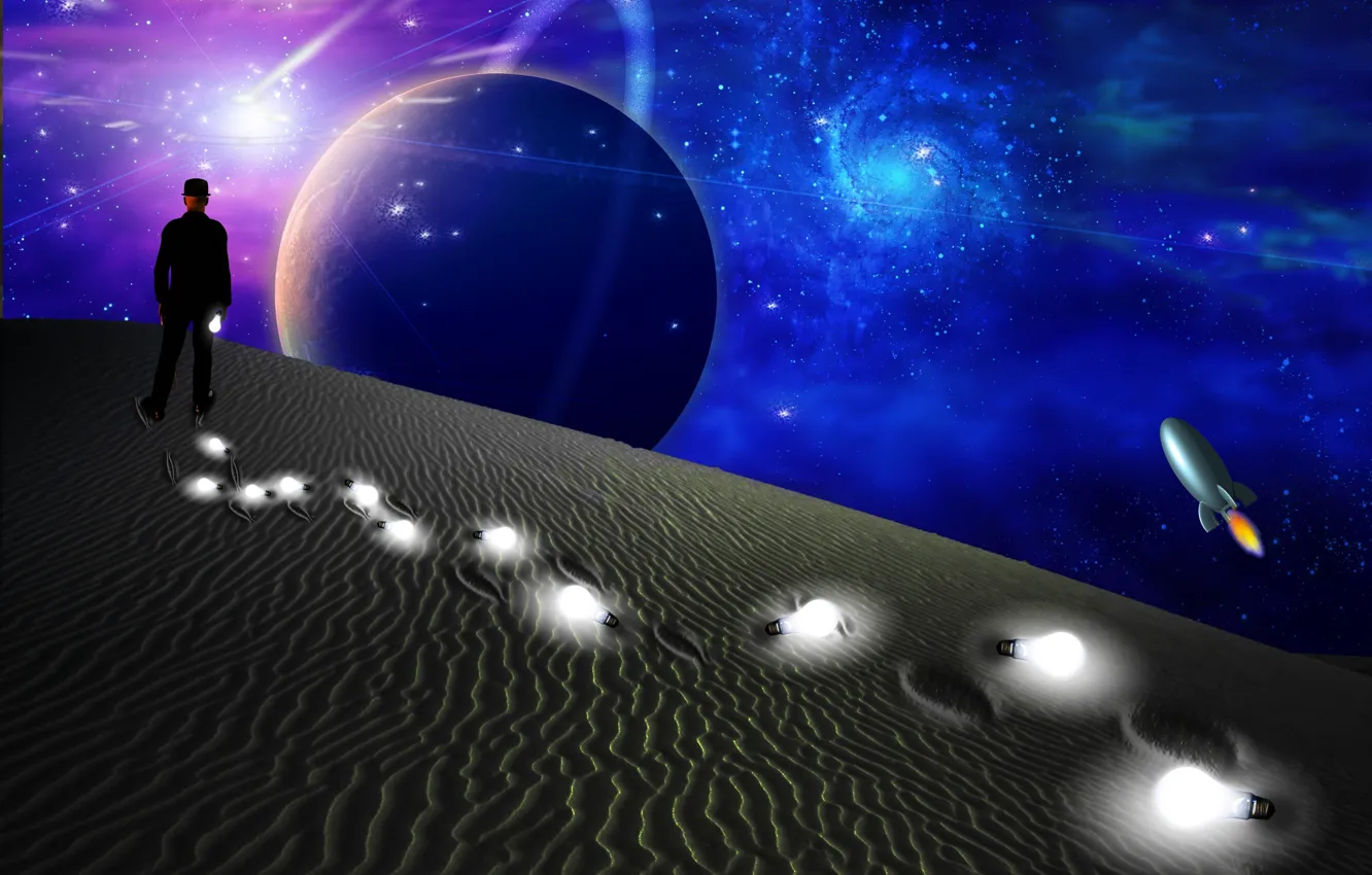 Photo wallpaper stars, landscape, people, rocket, light bulb