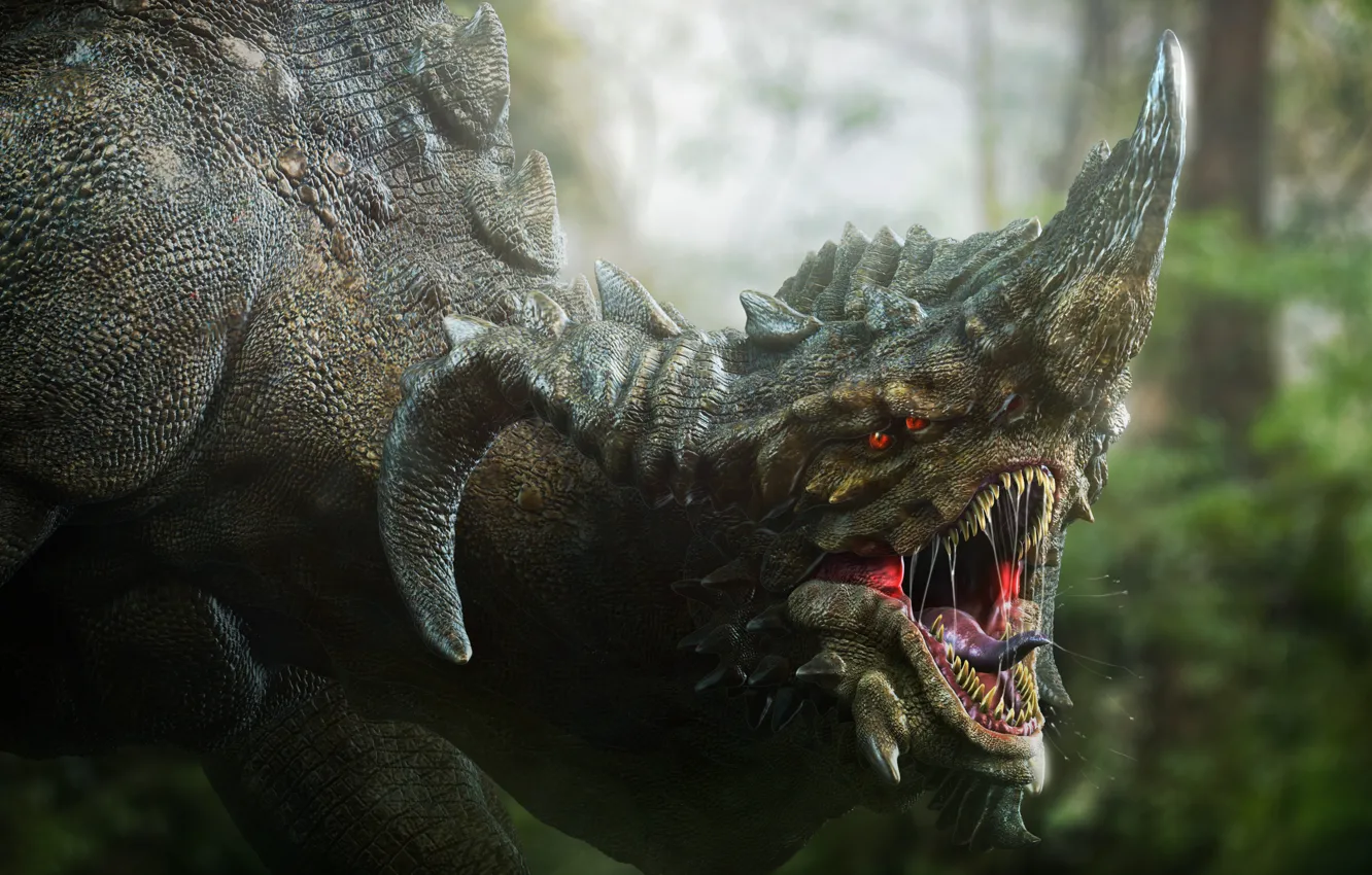 Photo wallpaper eyes, fiction, dragon, teeth, head, fangs, horns, darok