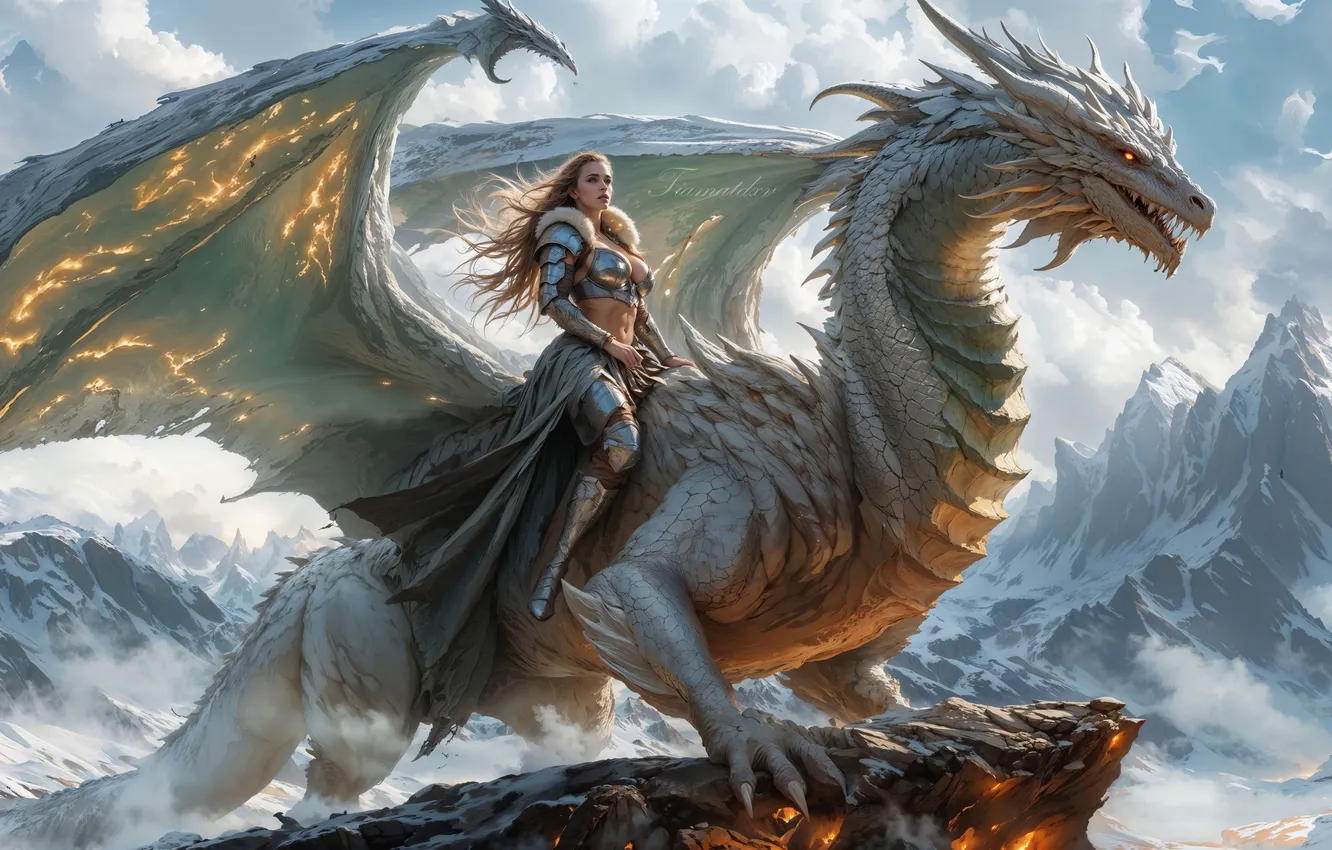 Photo wallpaper girl, mountains, dragon, wings, The Warrior and her Dragon