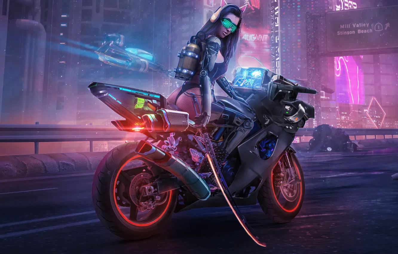 Photo wallpaper city, sword, ass, bodysuit, science fiction, motorcycle, women, artwork