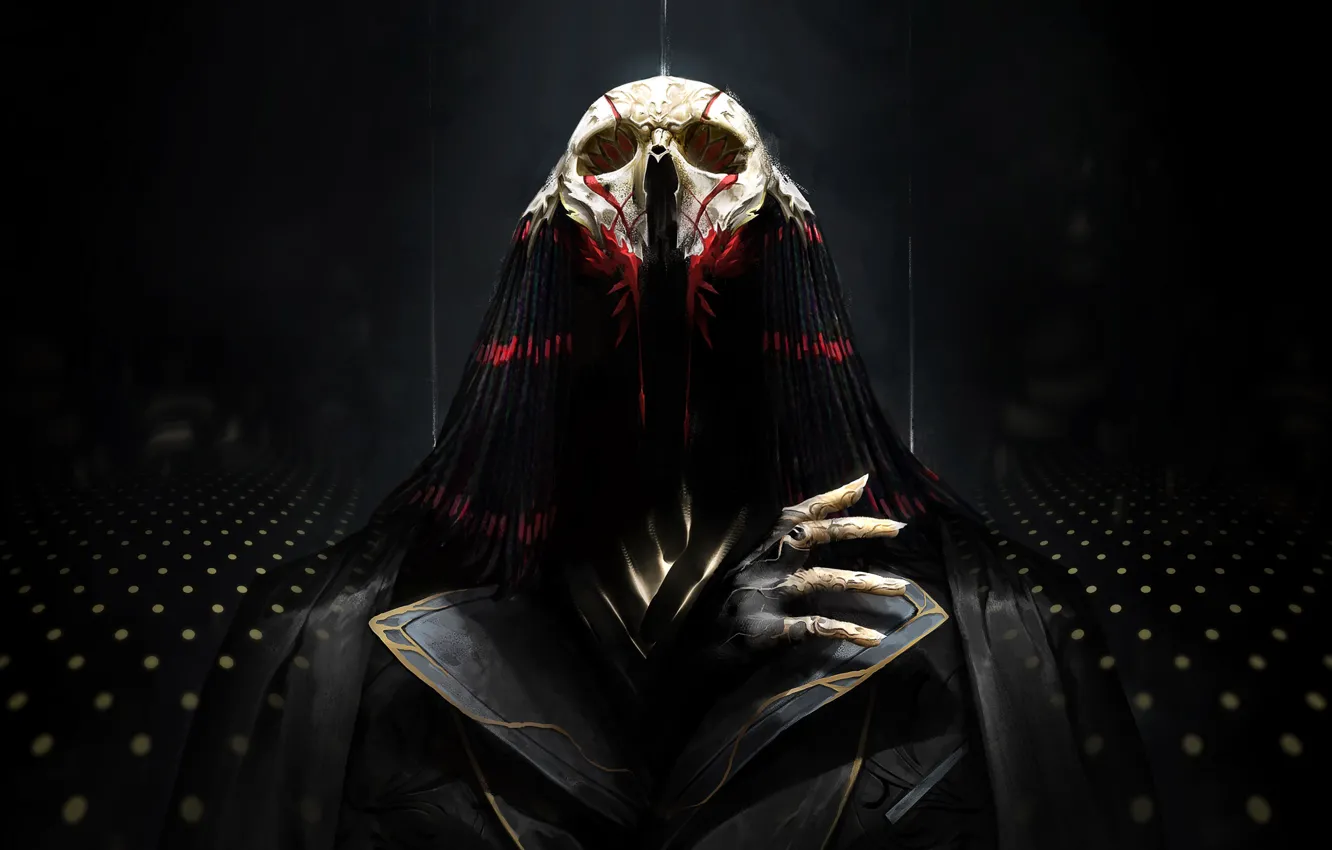 Photo wallpaper background, skull, hands, mask, fantasy, art, cloak