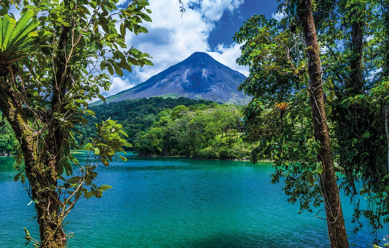 Photo wallpaper sea, trees, mountains, the volcano, Costa Rica, Arenal