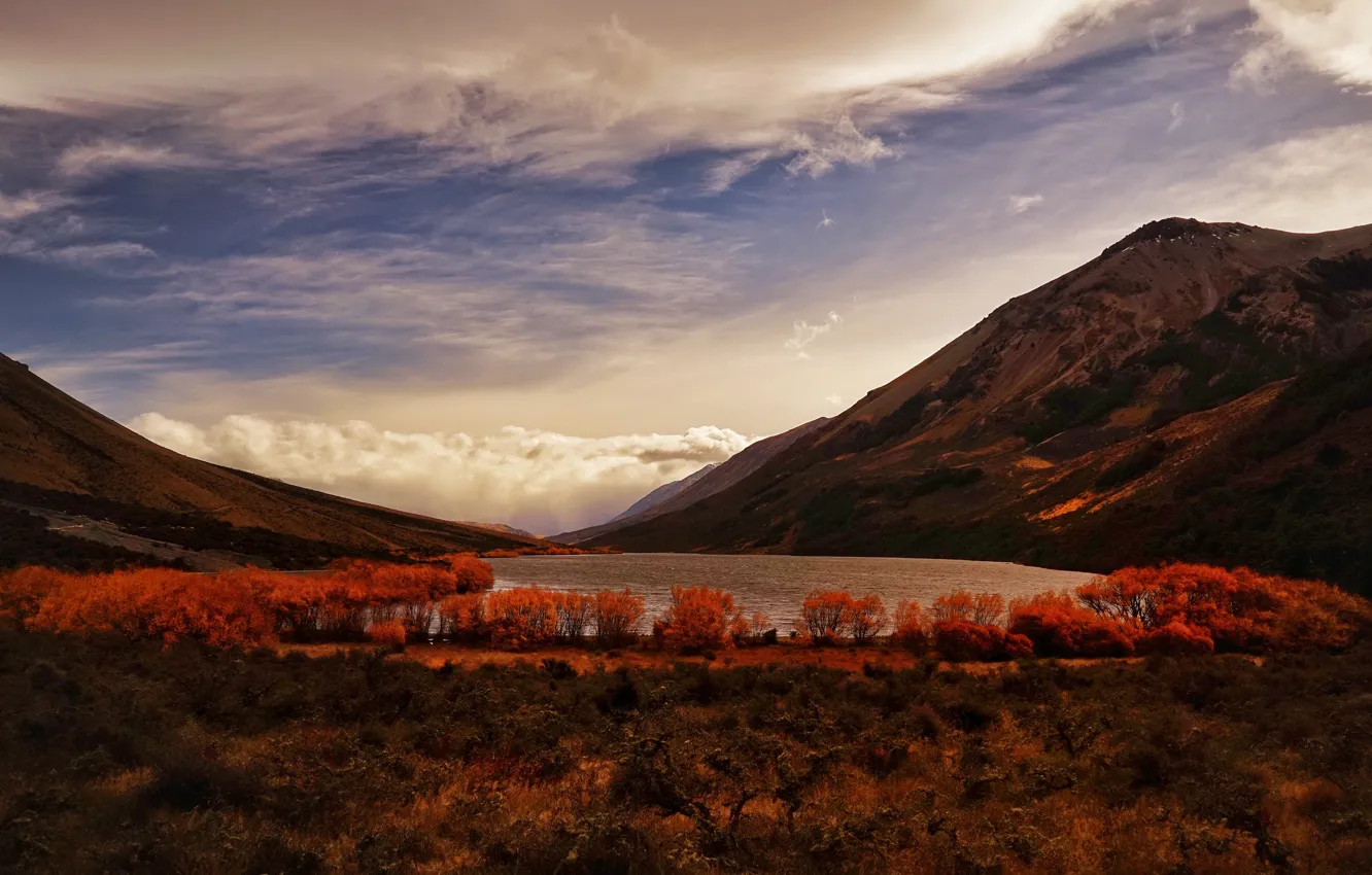 Photo wallpaper autumn, the sky, grass, clouds, trees, mountains, nature, lake