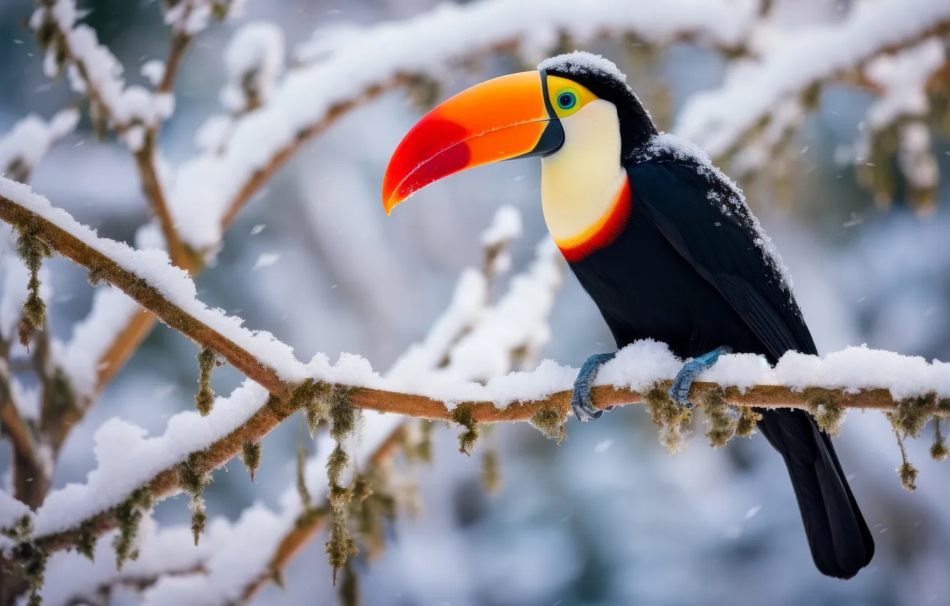 Photo wallpaper winter, snow, trees, branches, nature, bird, moss, Toucan