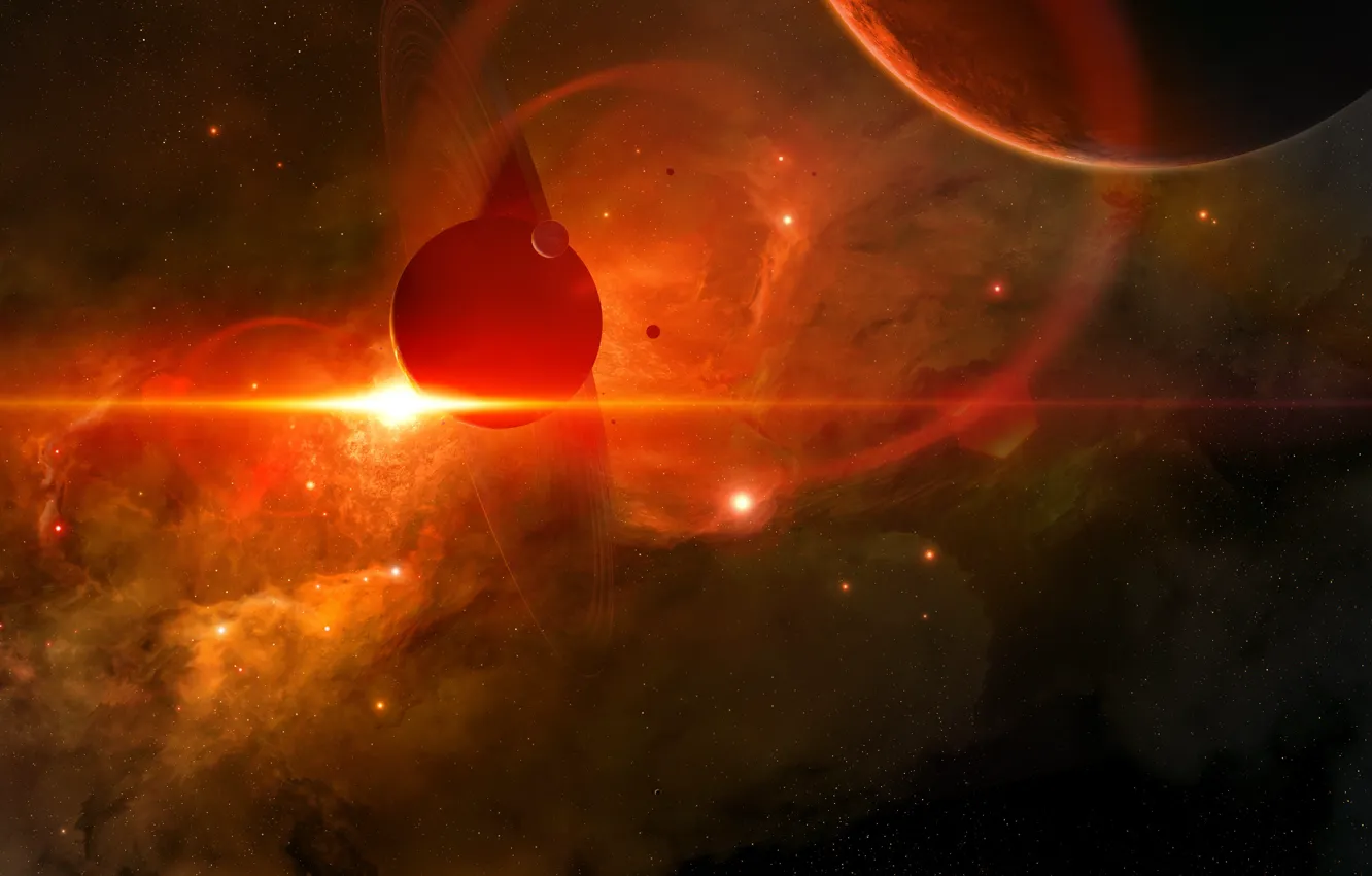 Photo wallpaper the sun, space, stars, nebula, glare, fiction, planet, satellite