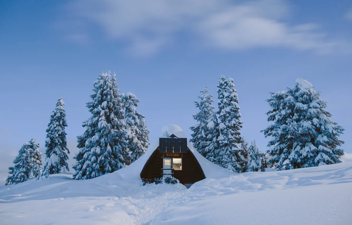 Photo wallpaper sky, trees, landscape, winter, clouds, snow, Hotel Room, Wilderness