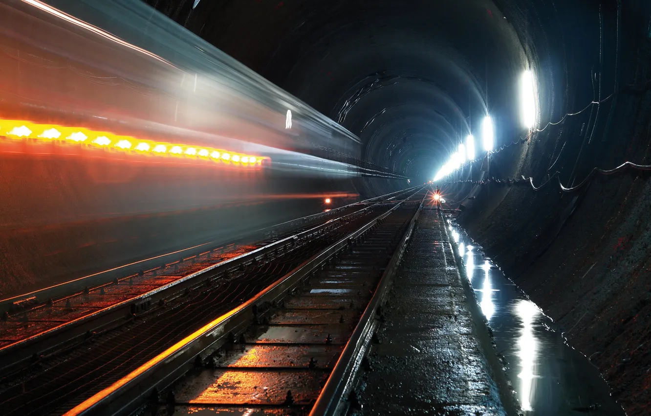 Photo wallpaper metro, rails, train, speed, the tunnel, speed, tunnel, train