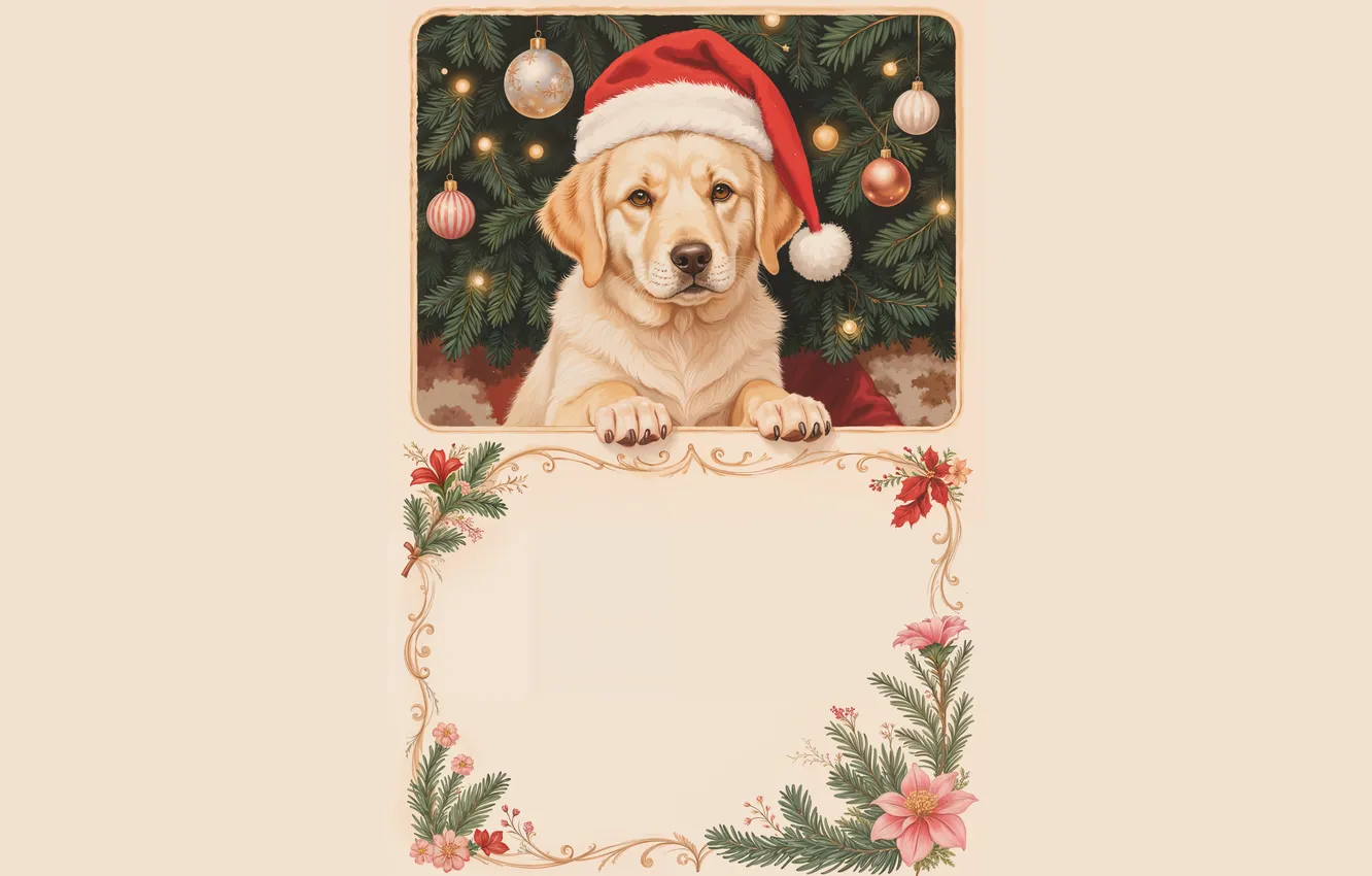Photo wallpaper look, balls, new year, dog, frame, Christmas, herringbone, face