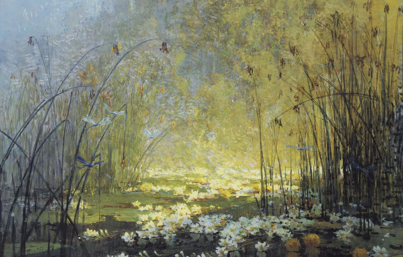 Photo wallpaper landscape, picture, Pierre Eugène Montesin, Pierre-Eugene Montezin, A pond with water Lilies and Dragonflies