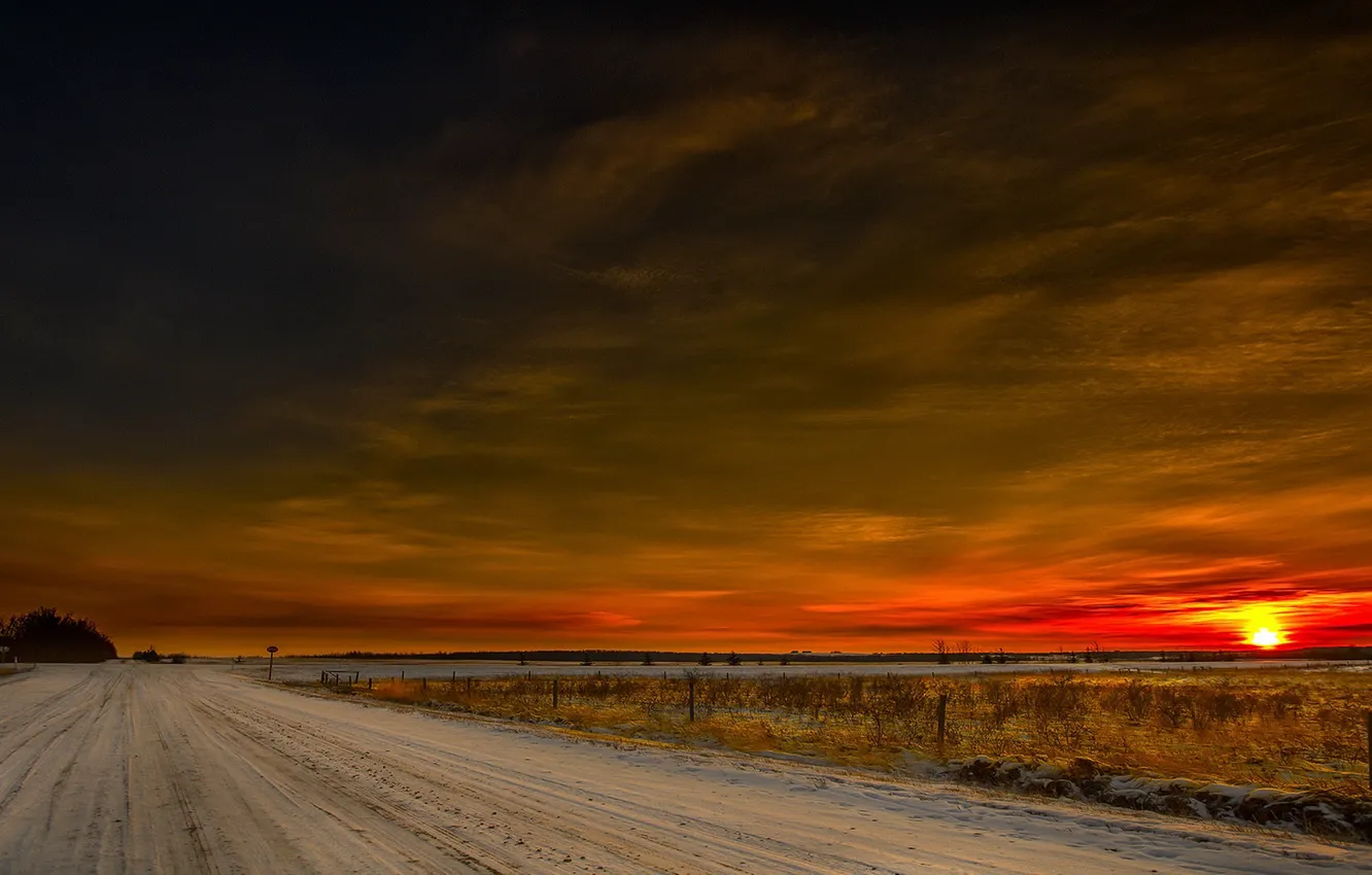 Photo wallpaper road, field, sunset