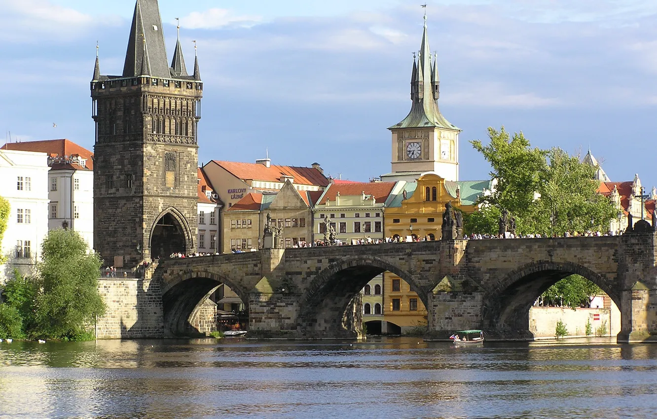 Photo wallpaper river, people, home, Prague, Czech Republic, Charles bridge