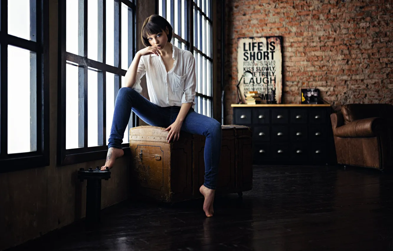 Photo wallpaper Girl, Photo, Chair, Look, Model, Girl, Jeans, Window