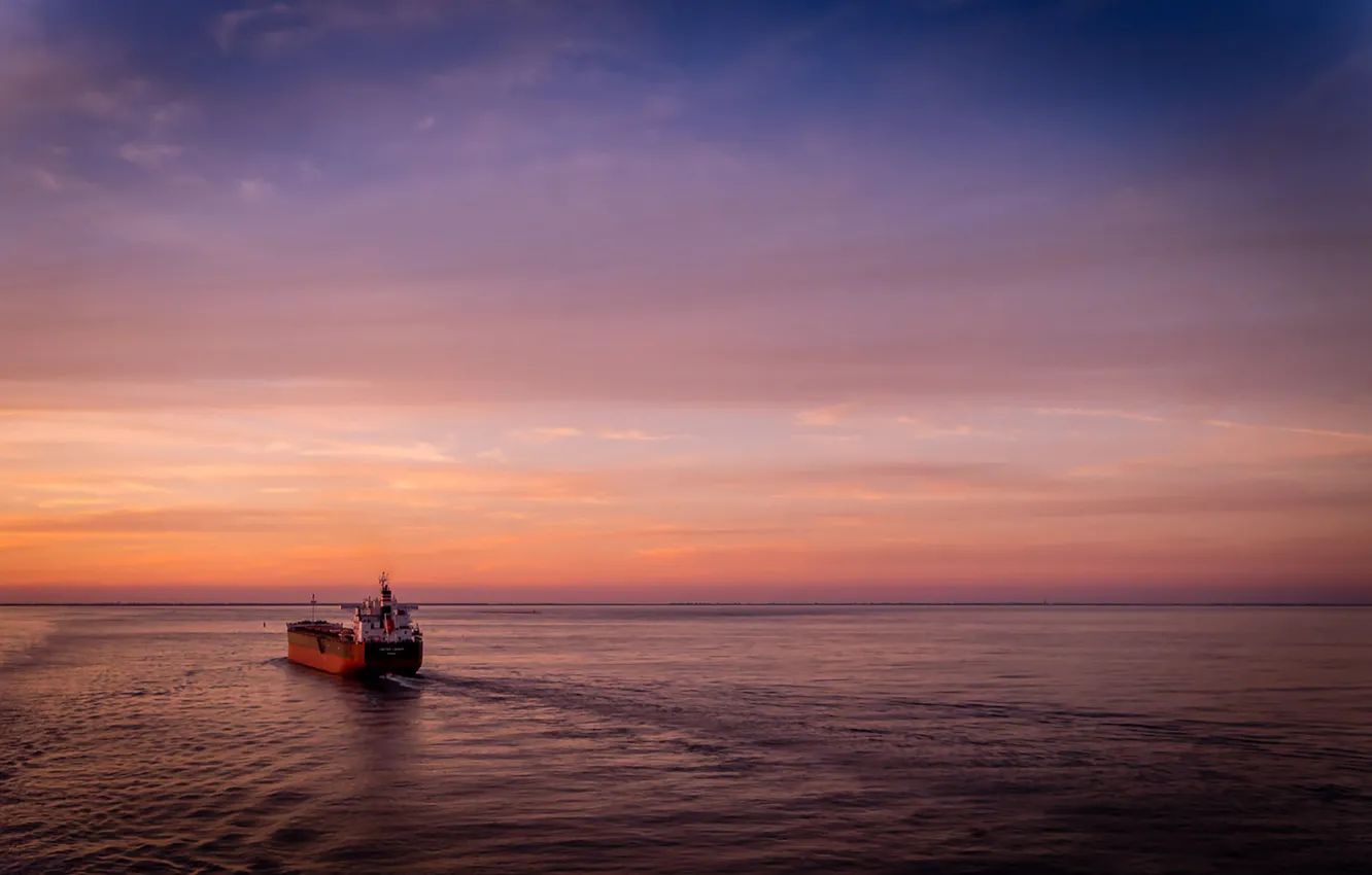 Photo wallpaper sea, ocean, seascape, morning, sunrise, dawn, ship, horizon