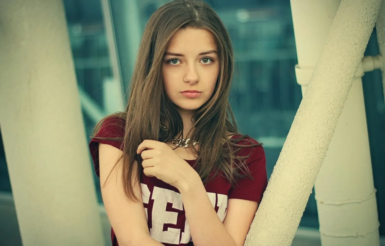 Photo wallpaper girl, eyes, teen, shirt, kind